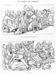 Karikatur eines Familienessens vor und nach dem Gespräch über die Dreyfus-Affäre